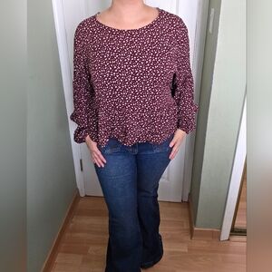 Leopard Burgundy Print Peplum Style Top Size Medium Boho